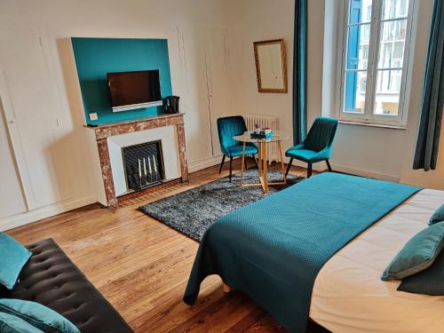 1 dormitorio con 1 cama, chimenea y TV en Chambres d'hotes - Le Magnolia, en Carcassonne