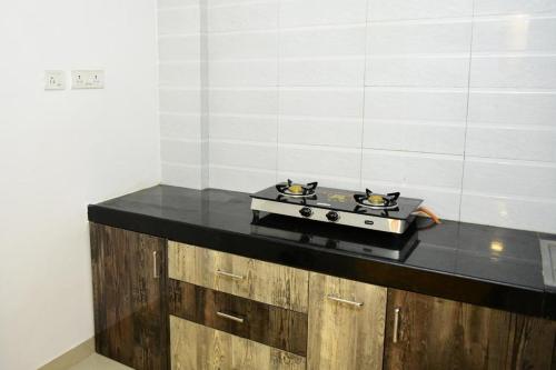 a stove with two cats on it sitting on a counter at 3 BHK Apartment with river view in Panaji