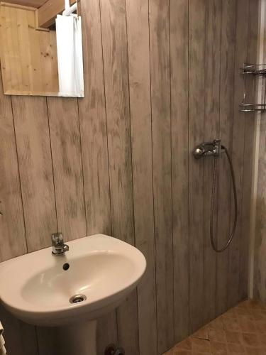 a bathroom with a white sink and a shower at Szałas Pod Lasem in Murzasichle