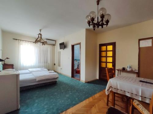 a large bedroom with two beds and a window at Pansion Jakić in Bač