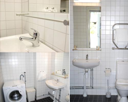 três fotografias de uma casa de banho com um lavatório e um WC em Forenom Serviced Apartments Goteborg A-R Lorents Gata em Gotemburgo