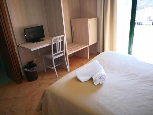 a bedroom with a bed with a desk and a television at Casa Betania in Pisa