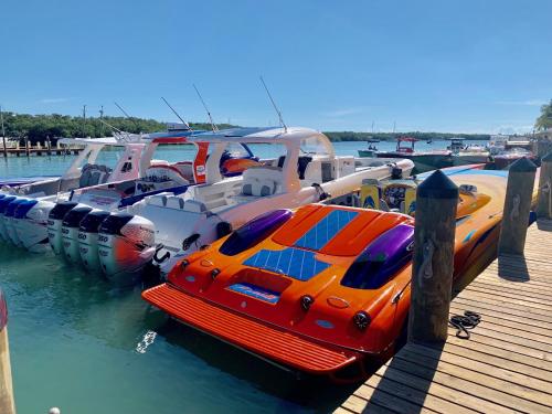 a boat is docked next to other boats in the water at Gilbert's Resort in Key Largo