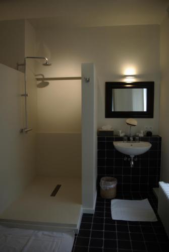 a bathroom with a sink and a shower and a toilet at B&B Huyze Weyne in Bruges