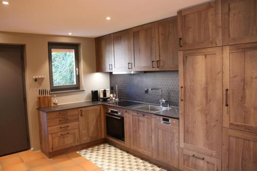 a kitchen with wooden cabinets and a sink at Mountain Suite in Brienz-Brinzauls