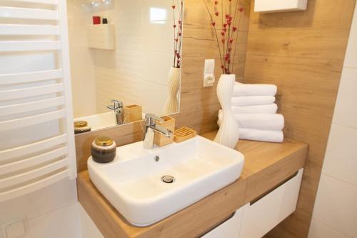 łazienka z umywalką i blatem z ręcznikami w obiekcie Rozmaryn w mieście Bierna
