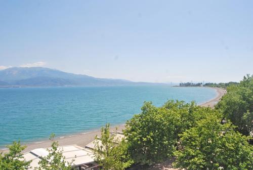 a view of a beach and the ocean at Chrisi Akti in Nafpaktos