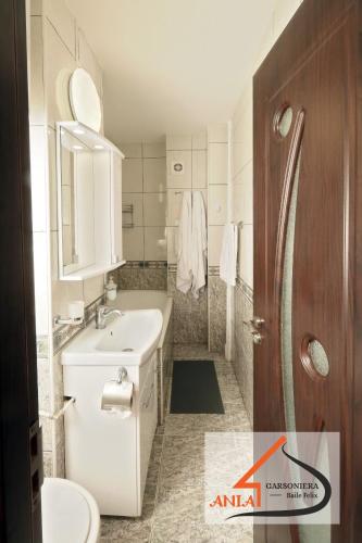 a bathroom with a white sink and a toilet at Garsoniera Ania Baile Felix in Baile Felix