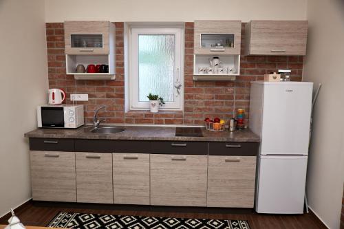 eine Küche mit einem weißen Kühlschrank und einer Spüle in der Unterkunft Apartman Biskupice in Fiľakovo
