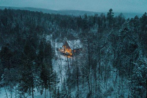 domek na środku pokrytego śniegiem lasu w obiekcie Domaine la Cedriere w mieście Grenville-sur-la-Rouge