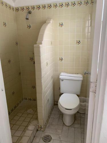 a bathroom with a toilet and a shower at Rento departamento frente a la playa in Manzanillo