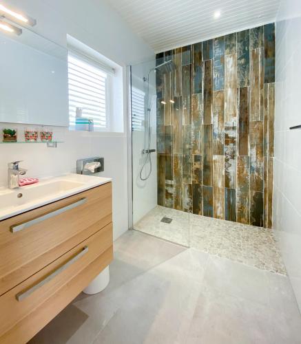 a bathroom with a sink and a shower at LES HAUTS DU CAP in Le François