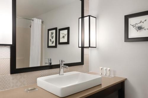 een badkamer met een witte wastafel en een spiegel bij Country Inn & Suites by Radisson, Orlando Airport, FL in Orlando