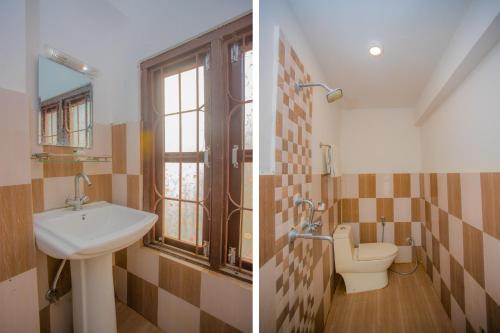 two pictures of a bathroom with a sink and a toilet at Waling Fulbari Guest House in Bālāju