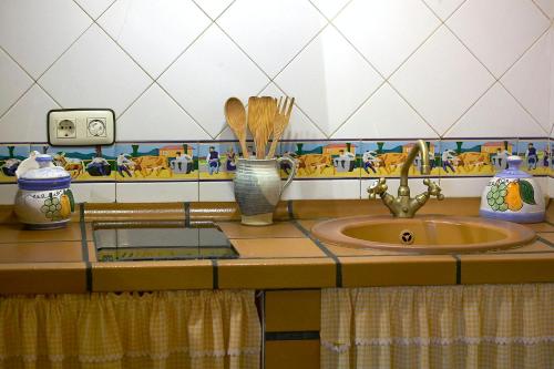 a kitchen counter with a sink and utensils on it at El Llagar de Naveda in Naveda
