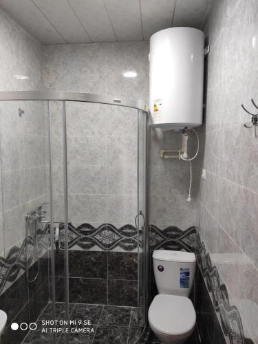 a bathroom with a toilet and a glass shower at MOTEL LION in Urganch