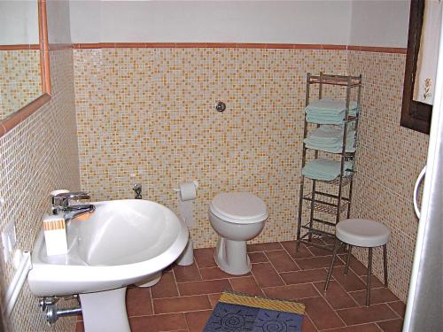 bagno con lavandino bianco e servizi igienici di Agriturismo Monte Alzato a Capalbio