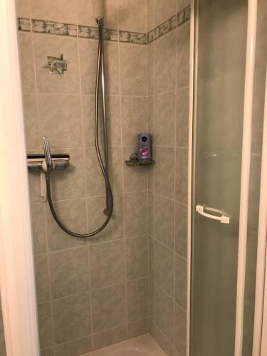 um chuveiro com uma porta de vidro na casa de banho em Casa Franceschini em Locarno