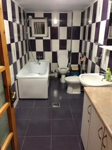 a bathroom with two toilets and a tub and a sink at Casa Maria in Gura Humorului