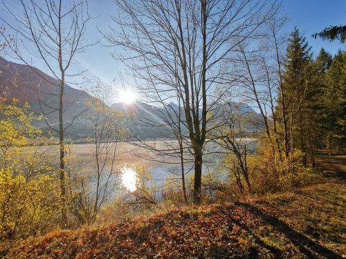 a view of a river with the sun in the background at Gästehaus Simon in Krün