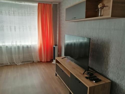 a living room with a flat screen tv and a window at Апартаменты в самом центре Витебска in Vitebsk