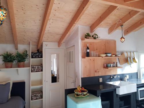 una pequeña cocina con fregadero y encimera en Stella Maris en Oudeschild