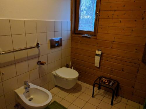a bathroom with a toilet and a sink at Komfortabel wohnen am Waldrand von Pitzling in Landsberg am Lech