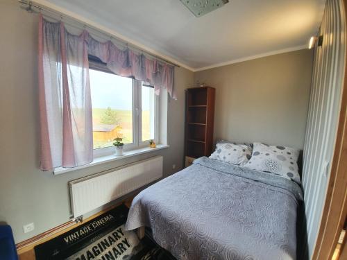 a bedroom with a bed and a window at Agroturystyka Lucyna Babińska in Wünschelburg