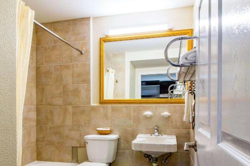 a bathroom with a sink and a toilet and a mirror at Rodeway Inn & Suites Houston near Medical Center in Houston
