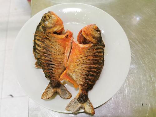 two fish on a white plate on a table at Grand Amazon Lodge and Tours - All Inclusive in Paraíso