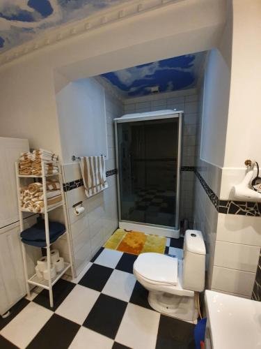 a bathroom with a white toilet and a checkered floor at Paradlägenhet in Eskilstuna