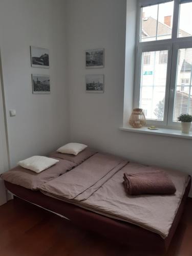 a bed in a room with a window at UBYTOVÁNÍ NA SPRÁVNÉM MÍSTĚ in Znojmo