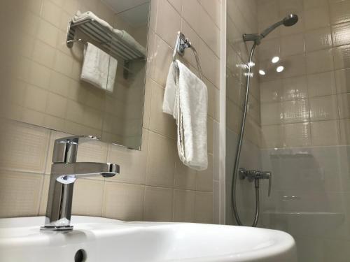 La salle de bains est pourvue d'un lavabo et d'une douche. dans l'établissement Hostal la Parrilla, à Tudela