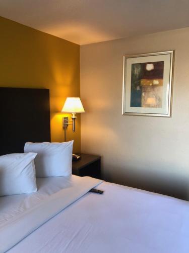 a hotel room with a bed and a lamp on a wall at Howard Johnson by Wyndham Odessa TX in Odessa