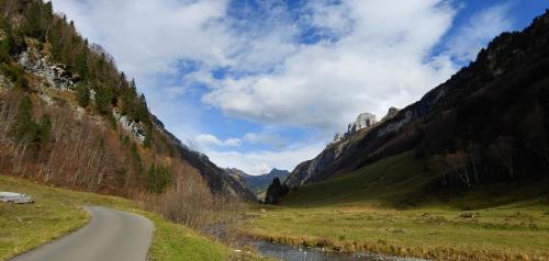 a winding road through a valley in a mountain at Ufem Egg Ferienwohnungen in Innertkirchen