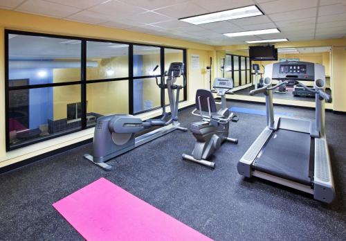 a gym with treadmills and cardio equipment and windows at Holiday Inn Express & Suites Niagara Falls by IHG in Niagara Falls