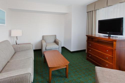 a living room with a couch and a tv and a table at DoubleTree by Hilton Brunswick in Parkwood