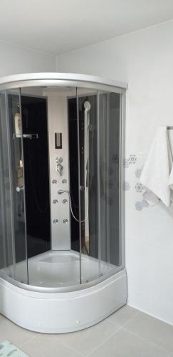 La salle de bains est pourvue d'une douche et d'un miroir. dans l'établissement Pensiunea Turist, à Techirghiol
