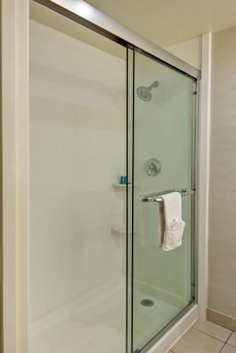 a shower with a glass door in a bathroom at Holiday Inn Express Newport Beach by IHG in Newport Beach