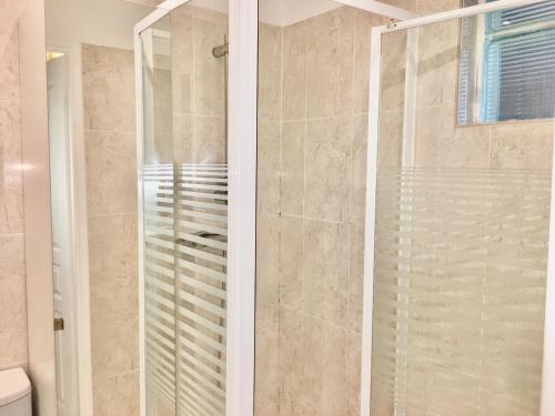 una ducha con puerta de cristal en un baño en Studio Jardin Fleuris Parking, en Niza