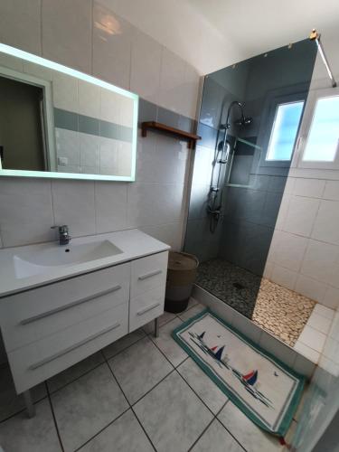 une salle de bain avec un lavabo et une douche dans l'établissement Verolithos, à Narrosse