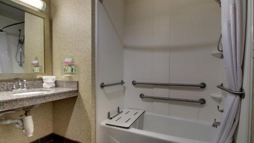 a bathroom with a toilet and a sink and a mirror at Holiday Inn Meridian East I 59 / I 20 in Meridian