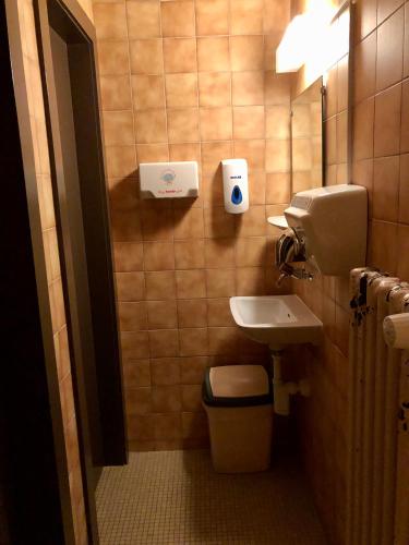 a small bathroom with a sink and a toilet at Auberge Pour Tous in Vallorbe