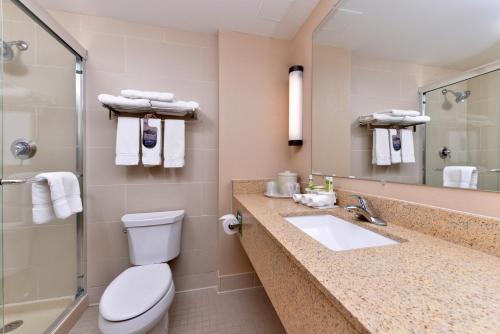 a bathroom with a toilet and a sink and a mirror at Holiday Inn Express Breezewood, an IHG Hotel in Breezewood