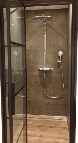 a glass shower with a shower head in a bathroom at Studio Smidt in Den Burg