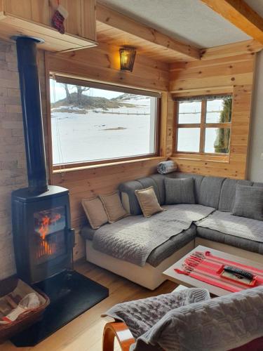 a living room with a couch and a fireplace at Holiday Home Vile Calimero in Žabljak