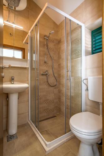 a bathroom with a shower and a toilet and a sink at Guesthouse Drašković in Petrovac na Moru