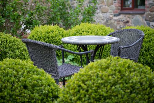 two chairs and a table in the middle of some bushes at Tyn Rhos Country House in Caernarfon