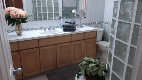 ein Badezimmer mit einem Waschbecken und einer Vase aus Blumen in der Unterkunft Casa Pavlova in Puerto Vallarta