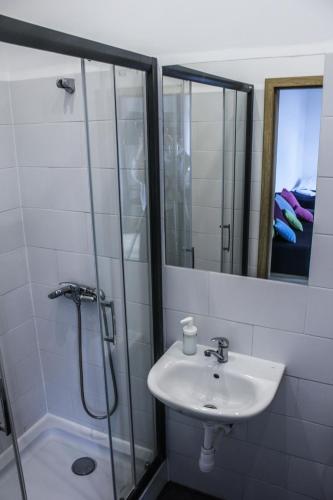 a bathroom with a sink and a shower at Apartamenty Babina in Kalisz